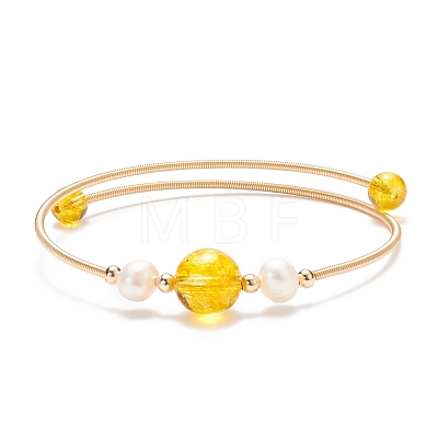 Natural Citrine(Dyed & Heated) & Quartz Crystal(Dyed & Heated) & Pearl Round Beaded Bangle BJEW-JB08464-06-1