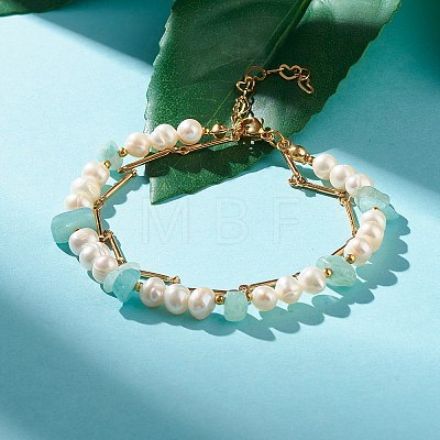 Natural Flower Amazonite & Pearl Beads Double Layered Bracelet X1-BJEW-TA00025-04-1