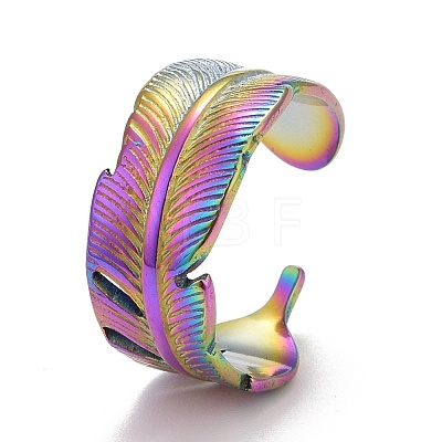 Rainbow Color Ion Plating(IP) 304 Stainless Steel Feather Wrap Open Cuff Ring for Women RJEW-A005-20-1