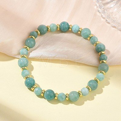 Natural Amazonite & Brass Beaded Stretch Bracelets for Women Men BJEW-JB13701-1
