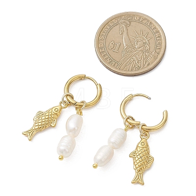 Natural Cultured Freshwater Pearl Rice with Fish Hoop Earrings EJEW-JE06740-1