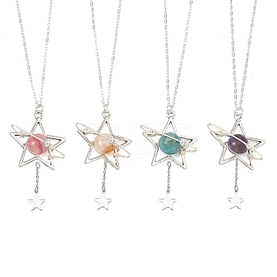 4Pcs 4 Styles Natural Amethyst & Dyed Green Jade & Hemimorphite & Heated Citrine Alloy Star Pendant Necklaces for Women NJEW-TA00273-1