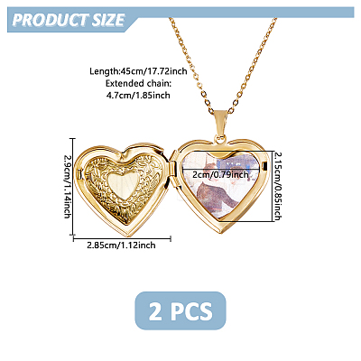 2Pcs 316 Surgical Stainless Steel Heart Photo Locket Pendant Cable Chain Necklaces for Women NJEW-DC0001-15G-1