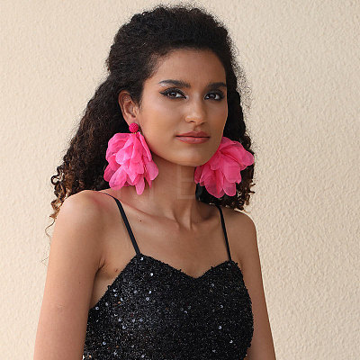 Alloy Polyester Flower Tassel Stud Earrings FS-WG690F4-04-1