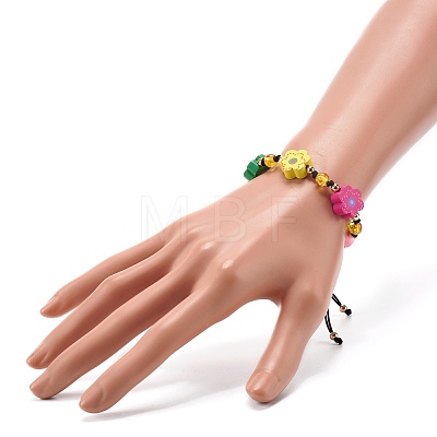 Flower Printed Natural Wood Braided Bead Bracelet for Teen Girl Women BJEW-JB06915-02-1