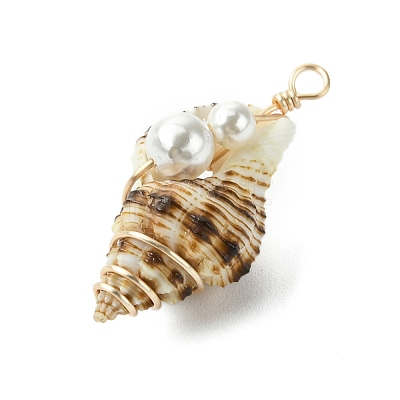 Natural Scallop Shell & Round Shell Pearl Pendants PALLOY-TA00197-02-1