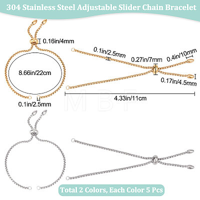 10Pcs 2 Colors Adjustable 304 Stainless Steel Slider Bracelets Making STAS-BBC0001-85-1