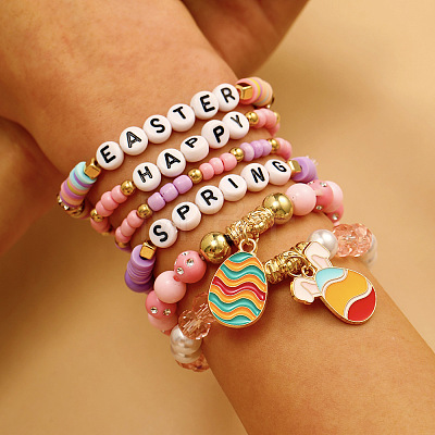 6Ps 6 Styles Easter Alloy Enamel Charm Bracelets FS-WG12F37-03-1