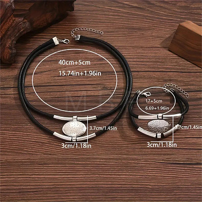 Bohemian Style Oval Alloy & Imitation Leather Wax Cord Double Layer Necklaces & Bracelets Sets for Women FS-WG56800-01-1