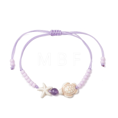 Adjustable Ocean Starfish Turtle Natural Mixed Gemstone & Glass Seed Beads Braided Bracelets BJEW-MZ00324-1