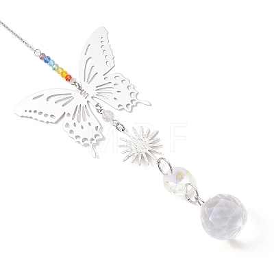 Glass Beads & 201 Stainless Steel Butterfly Hanging Suncatchers HJEW-JM04761-01-1