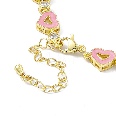 Pink Enamel Heart & Cubic Zirconia Link Chain Bracelet BJEW-P288-14G-1
