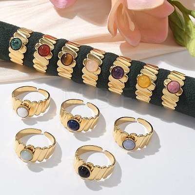 Round Natural Mixed Stone Finger Rings RJEW-C119-06G-1