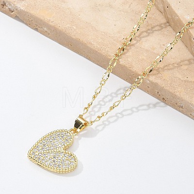 Brass Micro Pave Clear Cubic Zirconia Heart Pendant Necklaces for Women NJEW-M088-01G-01-1