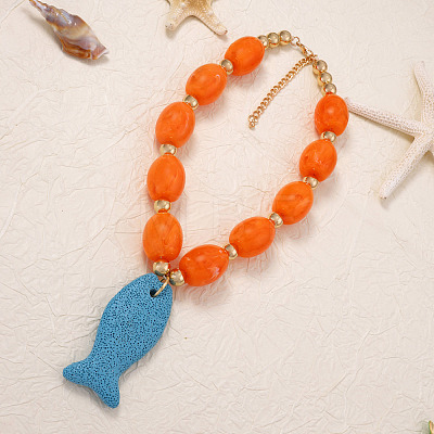 Bohemian Dyed Natural Lava Rock Dodger Blue Fish Shaped Pendant Resin Barrel Beaded Necklaces with Alloy End Chains for Women WGC0D2D-01-1