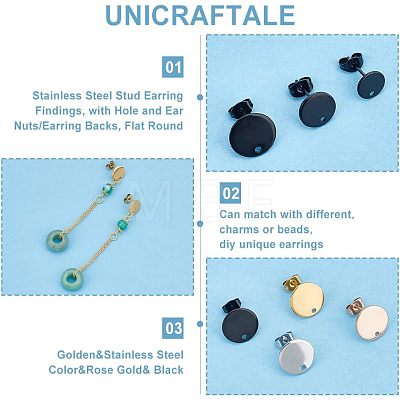 Unicraftale 48Pcs 12 Style Ion Plating(IP) 304 Stainless Steel Stud Earring Findings STAS-UN0039-36-1