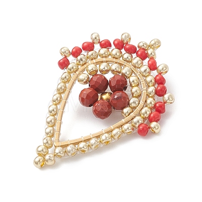 Faceted Round Natural Red Jasper & Glass Seed Beaded Pendants PALLOY-MZ01097-03-1