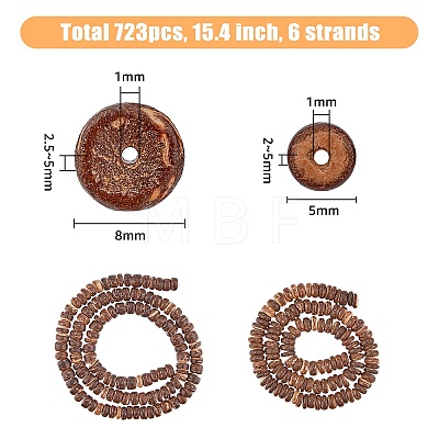6 Strands 2 Style Natural Coconut Shell Rondelle Bead Strands COCB-HY0001-01-1