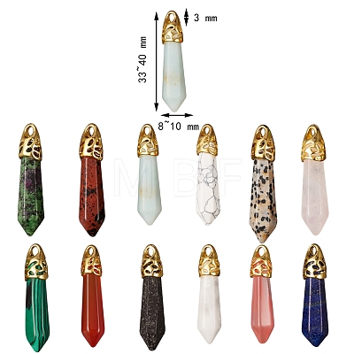 12Pcs 12 Style Bullet Natural Mixed Gemstone Pendants G-SZ0001-65-1