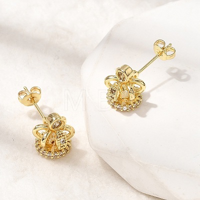Crown Brass Micro Pave Clear Cubic Zirconia Stud Earrings for Women EJEW-G460-04G-1