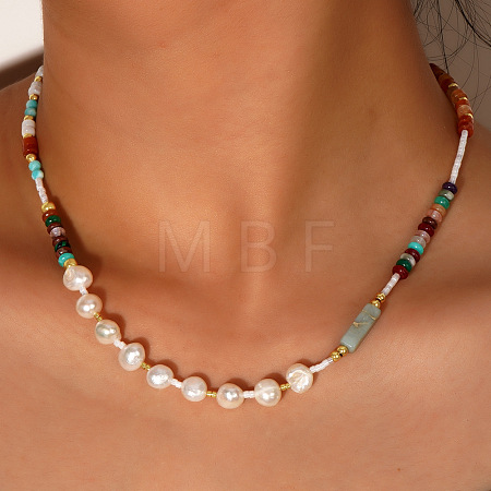 Potato Natural Freshwater Pearl & Rondelle Mixed Stone & Brass Beaded Necklaces for Women VY0852-1