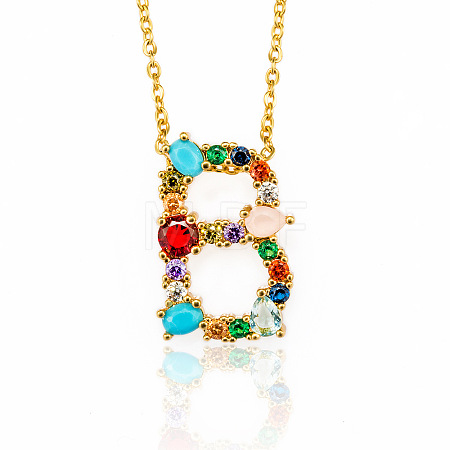 Golden Brass Micro Pave Cubic Zirconia Initial Pendants Necklaces NJEW-S069-JN002-B-1