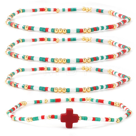 4Pcs Bohemian Summer Cross & Glass Seed Bead Beaded Stretch Bracelet Sets BE5944-5-1