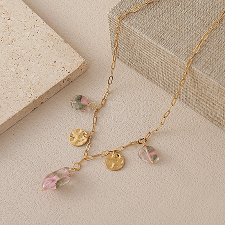 European Style Nuggets Glass & Stainless Steel Coin Pendant Paperclip Chain Necklaces for Women TV7239-2-1