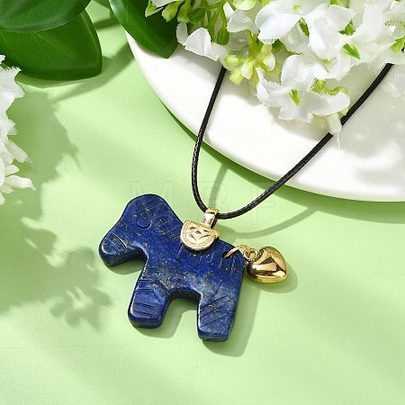 Natural Lapis Lazuli Horse Pendant Adjustable Black Korean Waxed Polyester Cord Neckalces NJEW-JN06355-03-1