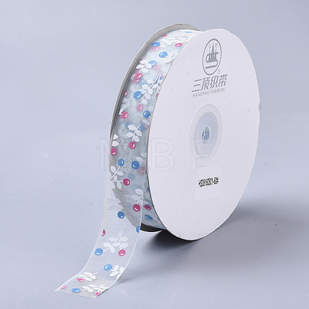 Flower Pattern Printed Polyester Organza Ribbons ORIB-Q034-04-1