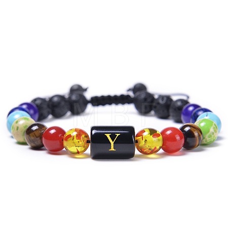 7 Chakra Natural Mixed Gemstone & Lava Rock & Glass Beads Ajustable Bracelets MO5857-25-1