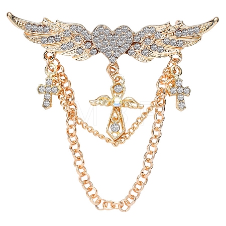 Heart with Angel Wings Alloy Full Crystal Rhinestone Hanging Chain Brooch PW-WGB7AF1-01-1