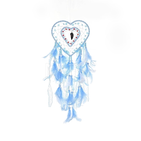Heart Woven Web/Net with Feather Hanging Ornaments HJEW-G025-12B-1