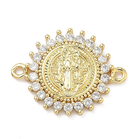 Brass Pave Clear Cubic Zirconia Religion Flat Round with Saint Links Connector Charms KK-A282-07B-G-1
