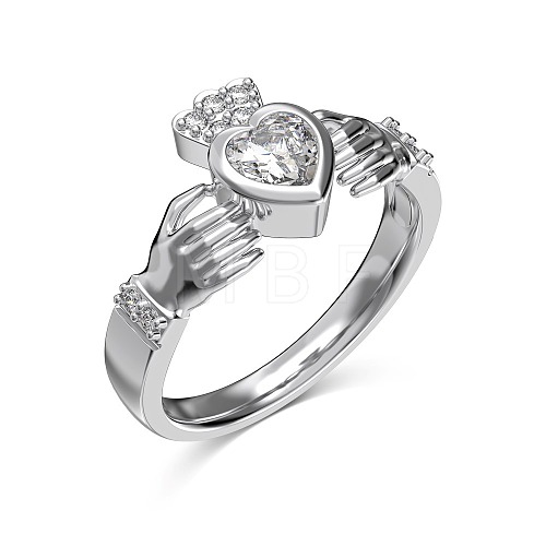 Heart with Crown Rhodium Plated 925 Sterling Silver Micro Pave Cubic Zirconia Finger Rings for Women RJEW-Q816-03P-1