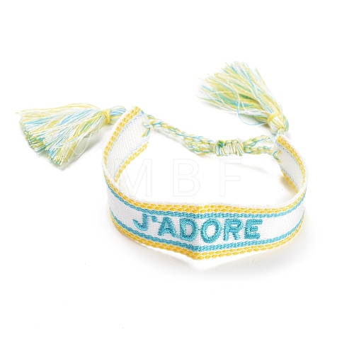 Word J'ADORE Polycotton(Polyester Cotton) Braided Bracelet with Tassel Charm BJEW-F429-01-1