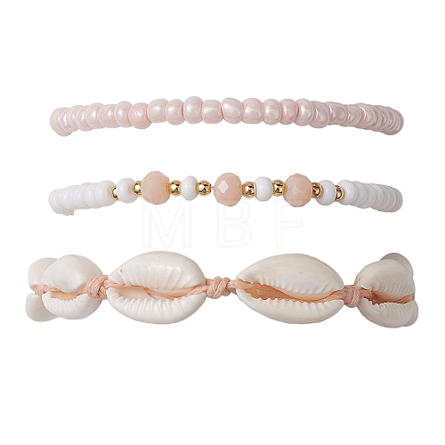 Summer Beach Natural Mixed Cowrie Shell Glass & Alloy Beaded Stretch Bracelet & Braided Bead Bracelets Sets BJEW-JB10838-1