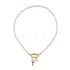 2Pcs 2 Colors Handmade Printed Floral Porcelain Heart & 304 Stainless Steel Pendant Round White Shell Pearl Beaded Necklaces for Women NJEW-JN06391-3