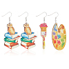 2 Pair 2 Style Book & Brush & Palette Single Face Printed Wood Dangle Earrings EJEW-AN0002-74-1