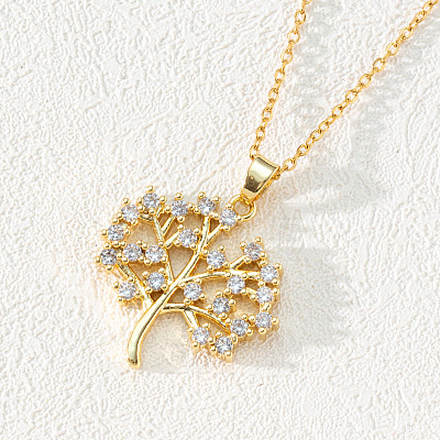 18K Gold Plated Tree of Life Pendant Necklace with CZ Stones Circle Cutout ST2592833-1