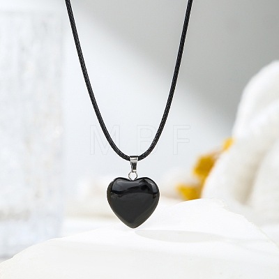 Natural Black Onyx(Dyed & Heated) Heart Pendant Black Cord Necklaces NI9317-9-1