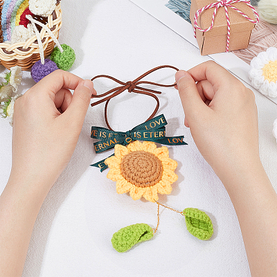 Crochet Sunflower Leaf Bowknot Hanging Pendant Decorations HJEW-WH0043-37G-1