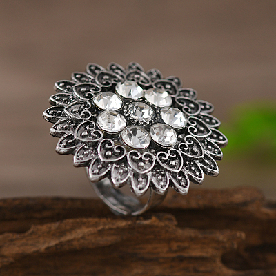 Vintage Flower Middle Eastern Style Zinc Alloy with Rhinestone Finger Rings TH0297-2-1