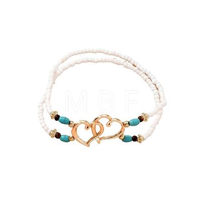 Glass Seed Beads & Alloy Heart Link Anklets WGBE152-01-1