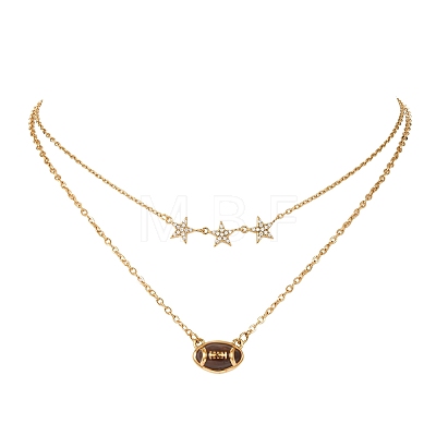 Sports 304 Stainless Steel Crystal Rhinestone Enamel Rugby Pendant Double Layer Necklaces for Women NJEW-A072-02G-1
