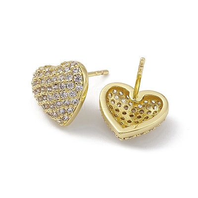 Heart Brass Cubic Zirconia Ear Studs for Women Men EJEW-K245-01G-1