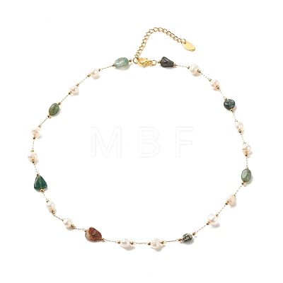 Natural Moss Agate & Pearl Beaded Necklace NJEW-JN03894-01-1