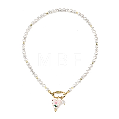 2Pcs 2 Colors Handmade Printed Floral Porcelain Heart & 304 Stainless Steel Pendant Round White Shell Pearl Beaded Necklaces for Women NJEW-JN06391-1