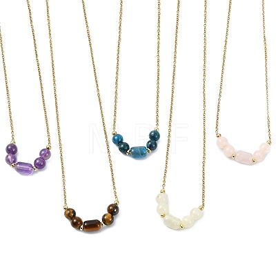 Natural Mixed Gemstone Column Round Beaded Pendant 304 Stainless Steel Cable Chains Necklaces for Women NJEW-JN06094-1