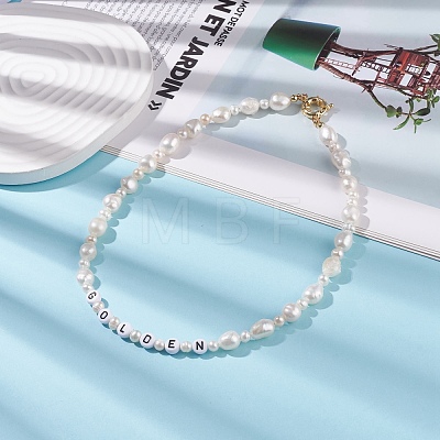 Natural Pearl Beaded Necklace with Word Golden Acrylic Beads for Women NJEW-JN03850-1